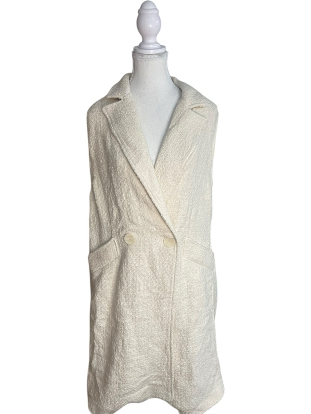 Zara Tweed Long Vest Gilet Waistcoat Ivory